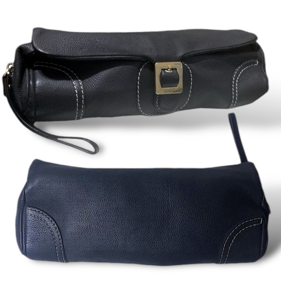 KATE SPADE Pebble Leather Barrel Clutch Hand Held Black Gold Hardware Dark Goth - Picture 1 of 15